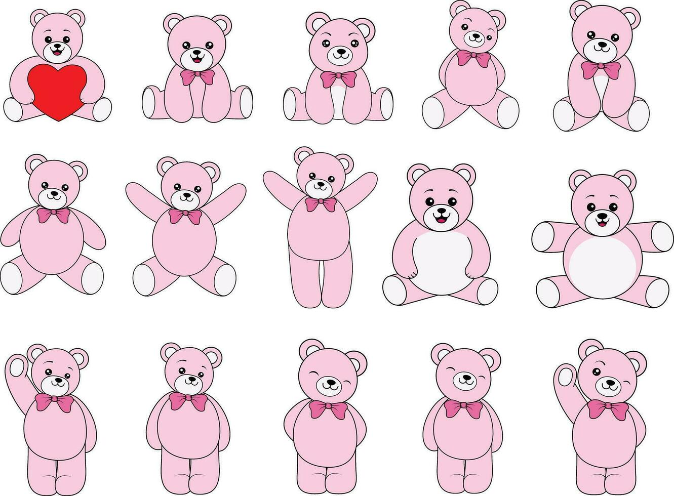 Set of 15 Teddy bears, Collection of 15 Adorable Bears vector