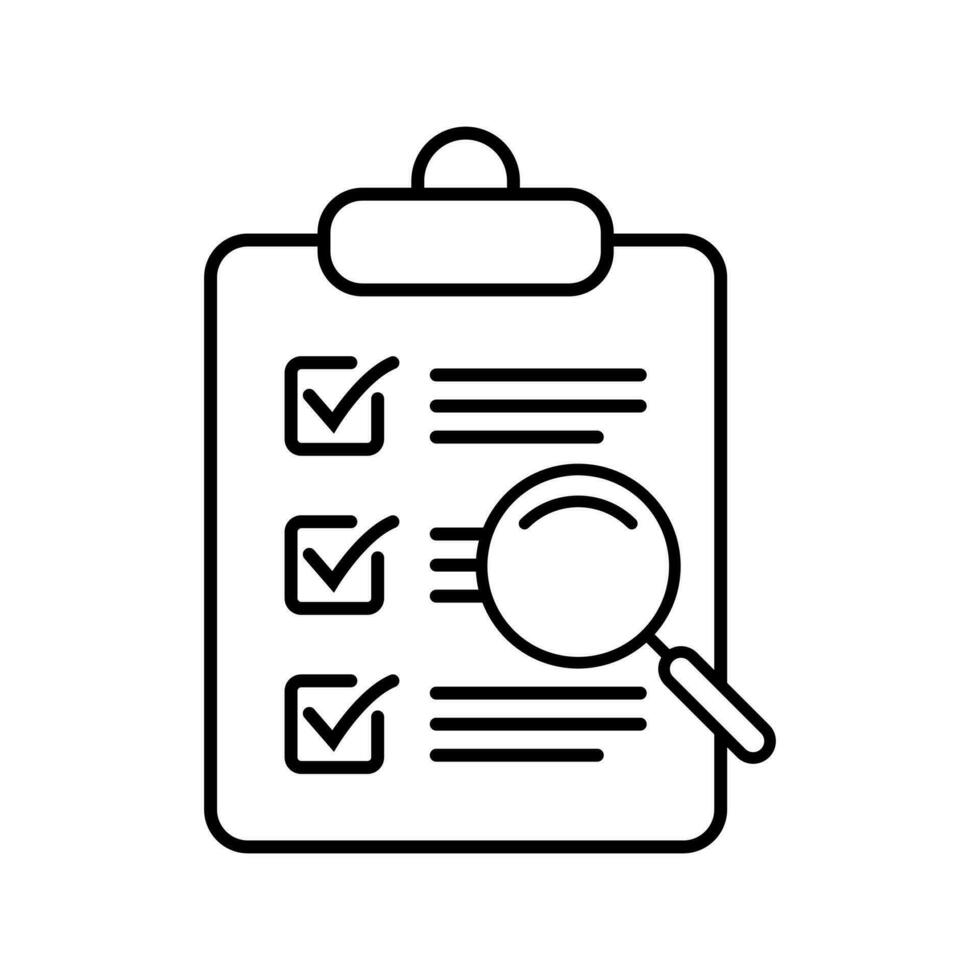 Clipboard with magnifier loupe icon, business concept. Analysis, analyzing icon. File search icon, document search, vector isolated.