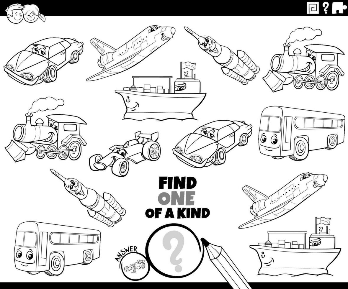one of a kind game with cartoon vehicles coloring page vector