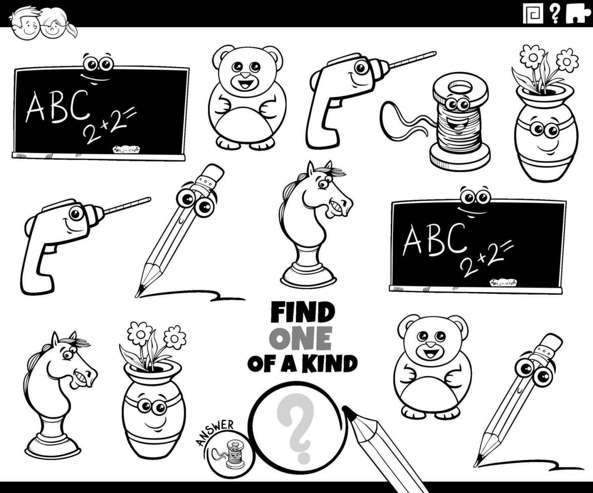 one of a kind game with cartoon objects coloring page vector