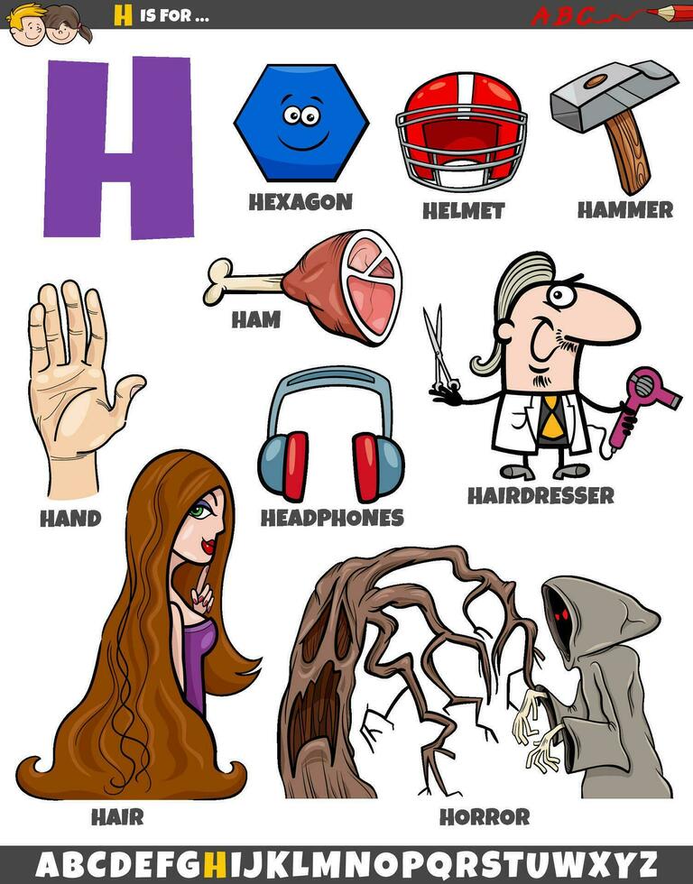 Letter H set with cartoon objects and characters vector