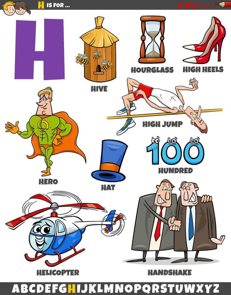 letra h conjunto con dibujos animados objetos y caracteres vector