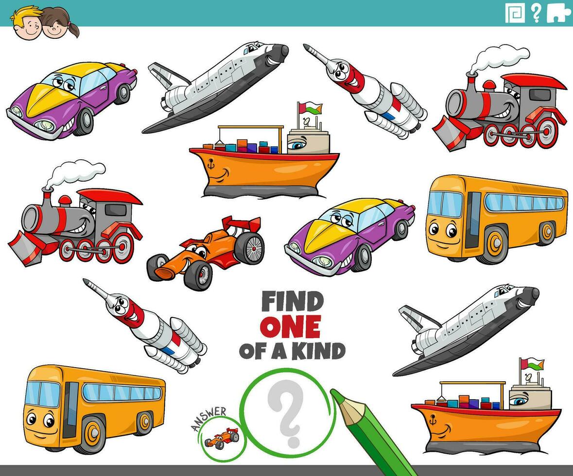 one of a kind educational game with cartoon vehicles characters vector