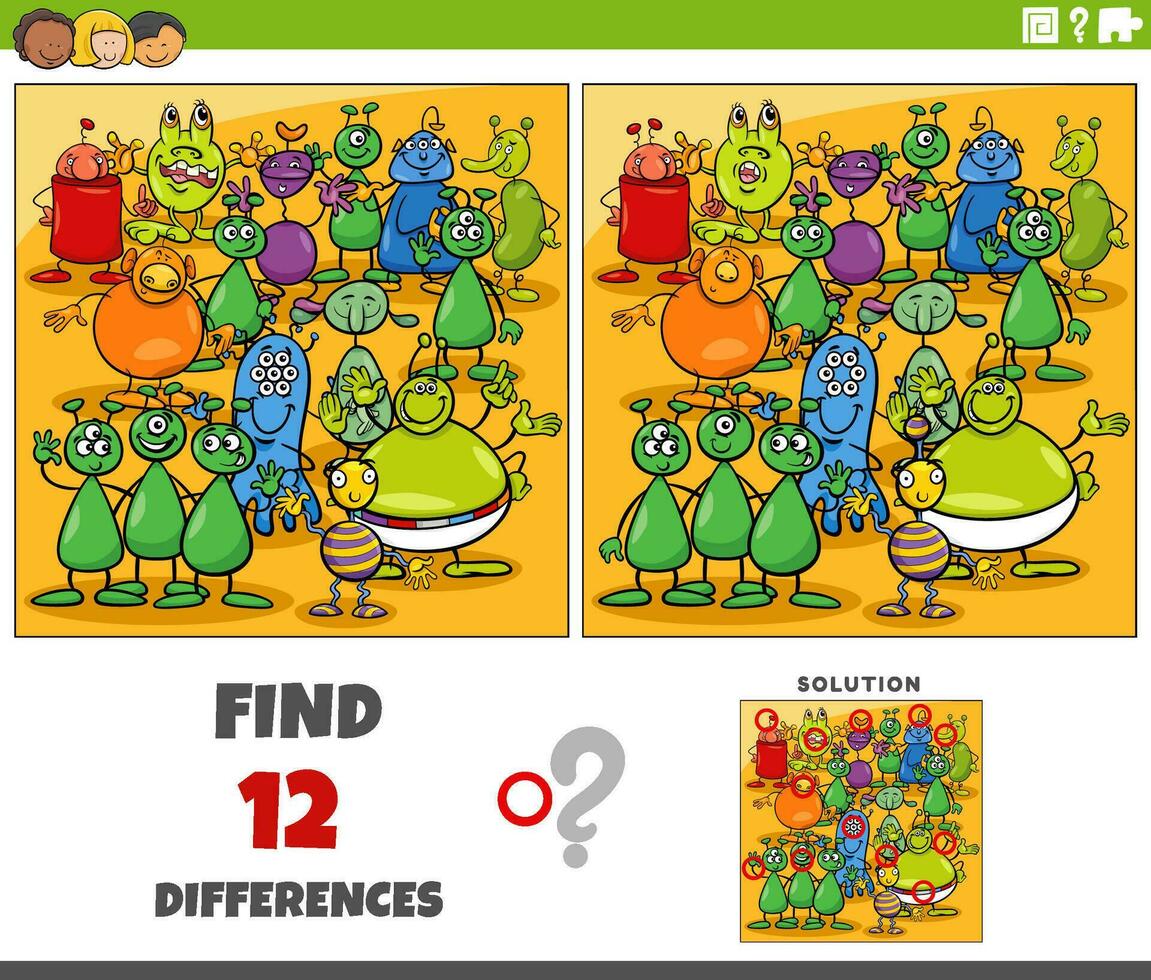 differences game with funny aliens characters group vector