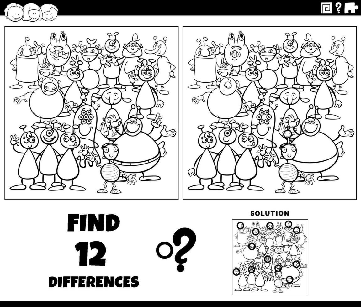 differences game with cartoon aliens group coloring page vector