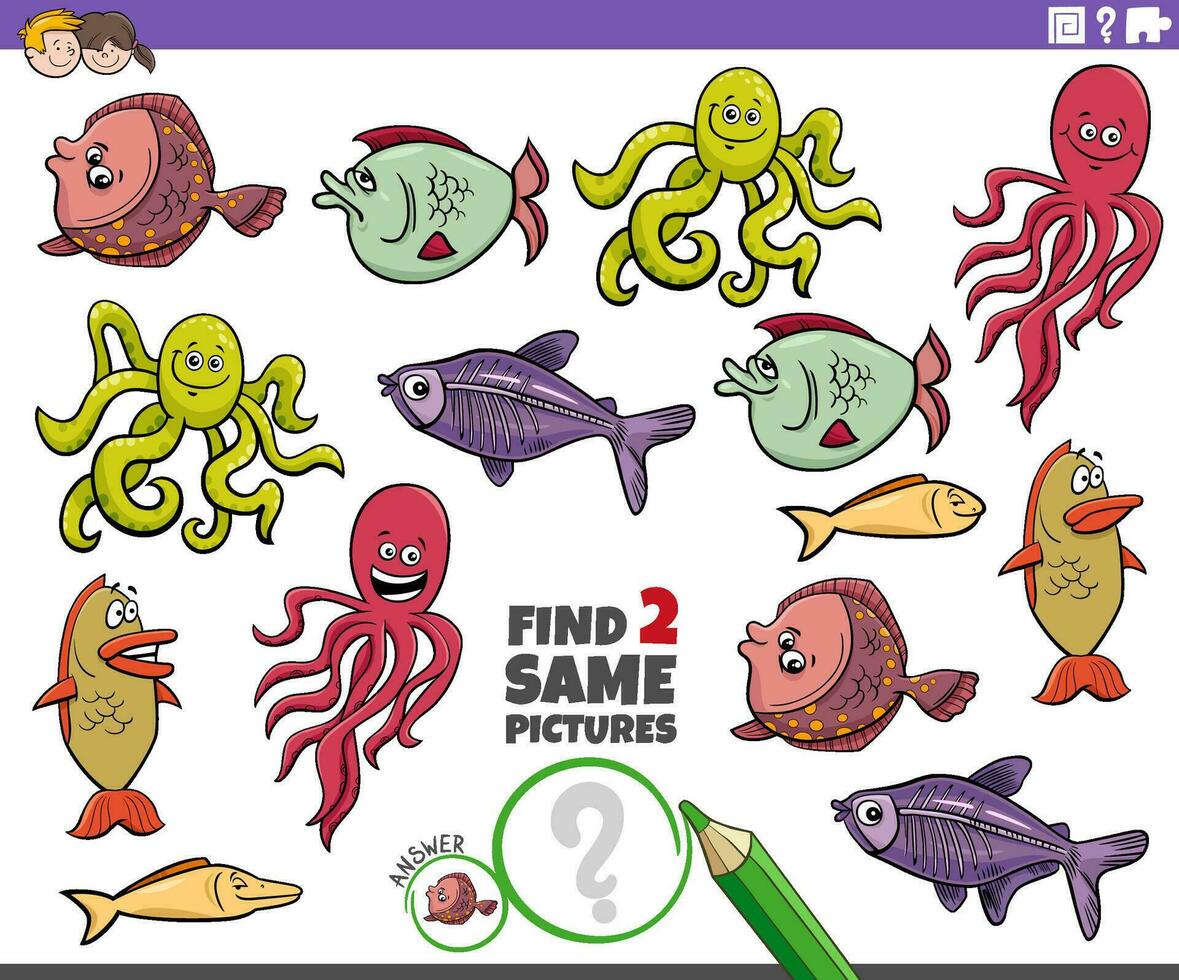find two same cartoon marine animals educational game vector