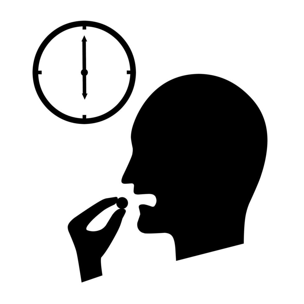 Vector illustration of taking medication pills on time. Human head with open mouth, wall clock and hand holding pills. Isolated on white background.