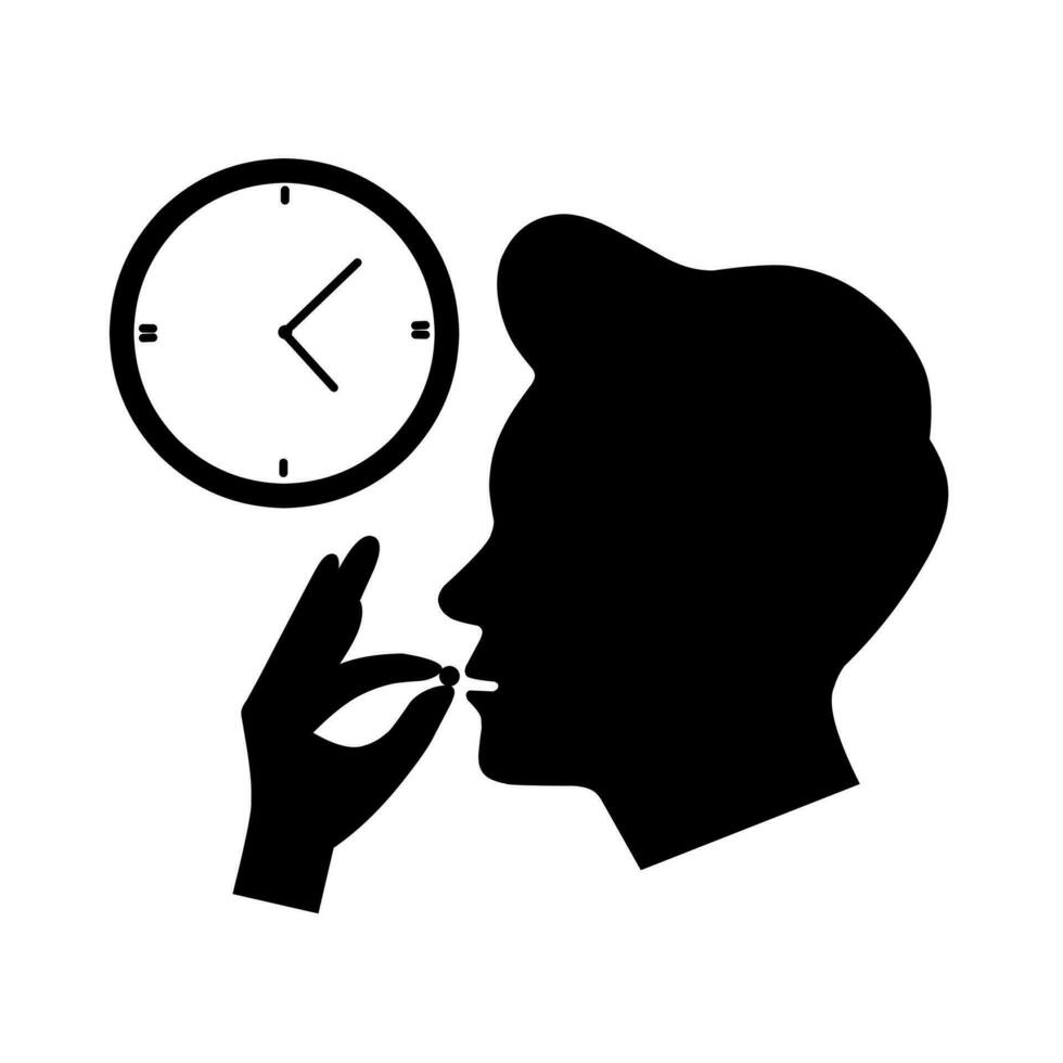 Vector illustration of taking medication pills on time. Head with open mouth, wall clock and hand holding pills. Isolated on white background.