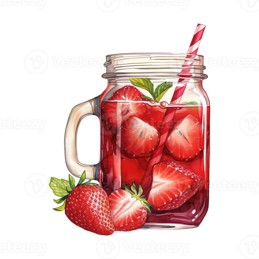 AI generated Jar of strawberries with a straw. AI generated image png