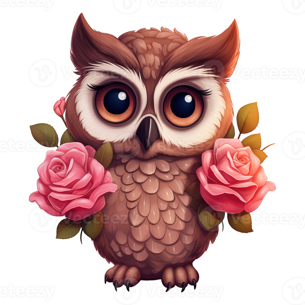 AI generated Cute owl with pink roses. AI generated image png