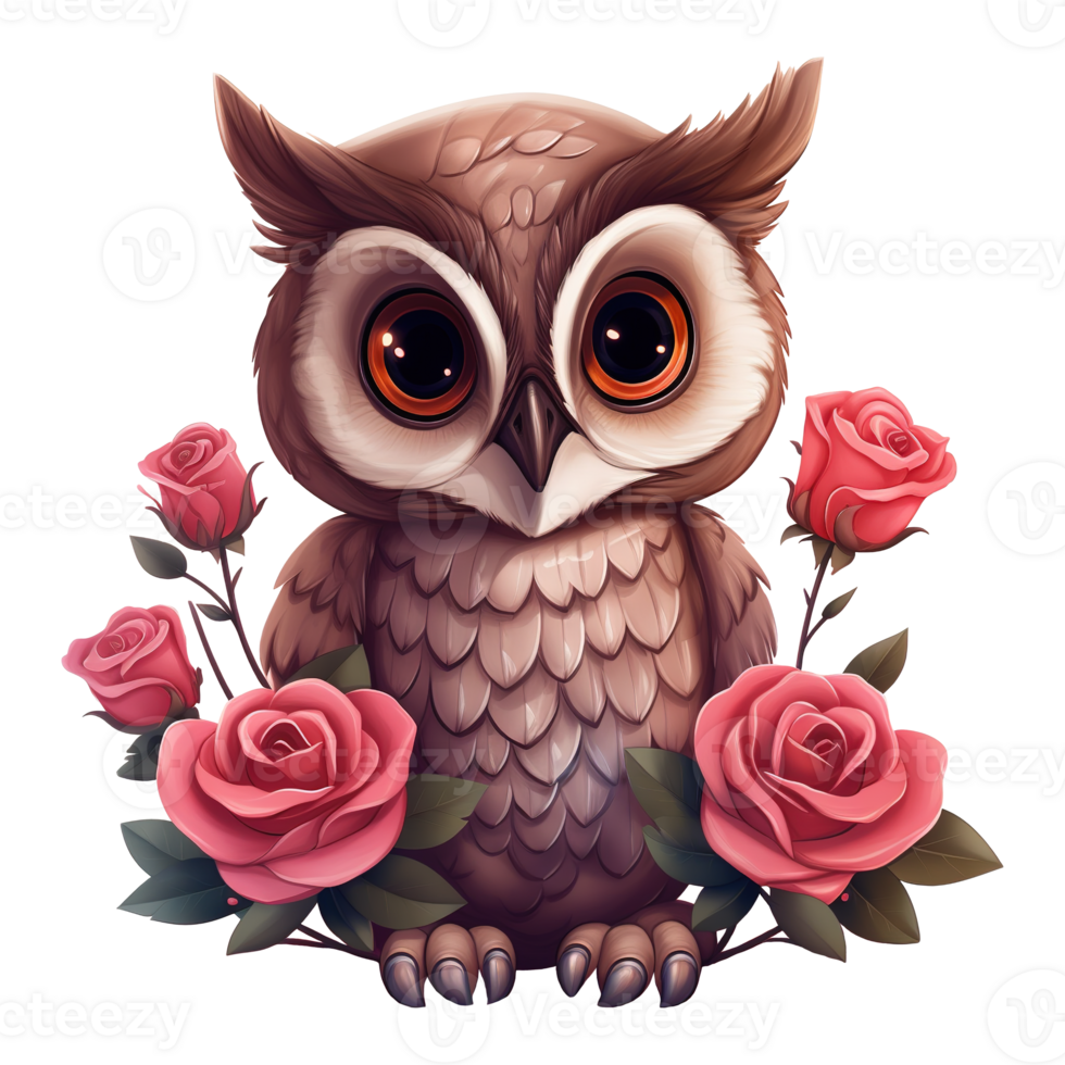 AI generated Cute owl with pink roses. AI generated image png