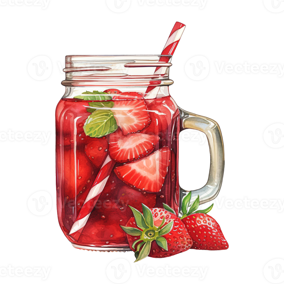 AI generated Jar of strawberries with a straw. AI generated image png