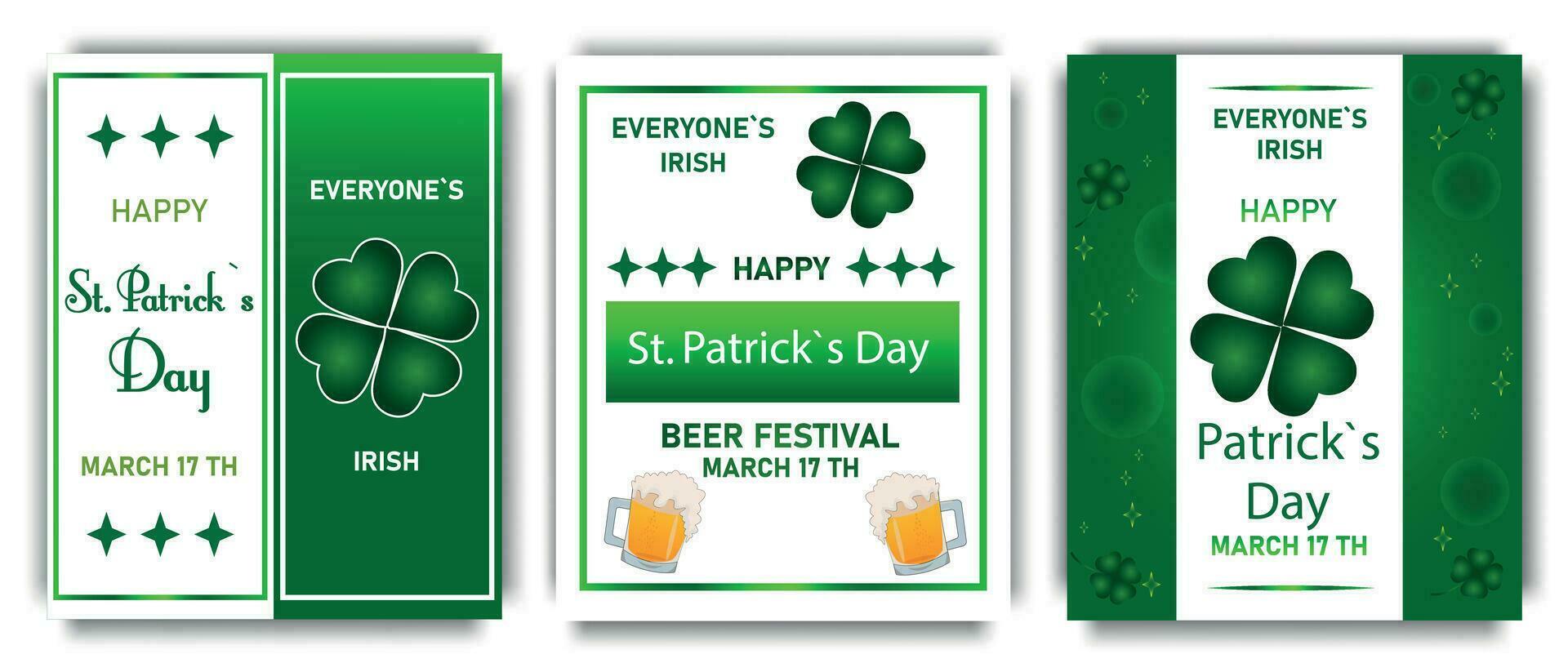 A set of St. Patrick's Day posters decorated with shamrocks. Invitation to a holiday, corporate event, beer festival. For every Irishman. Vector illustration.