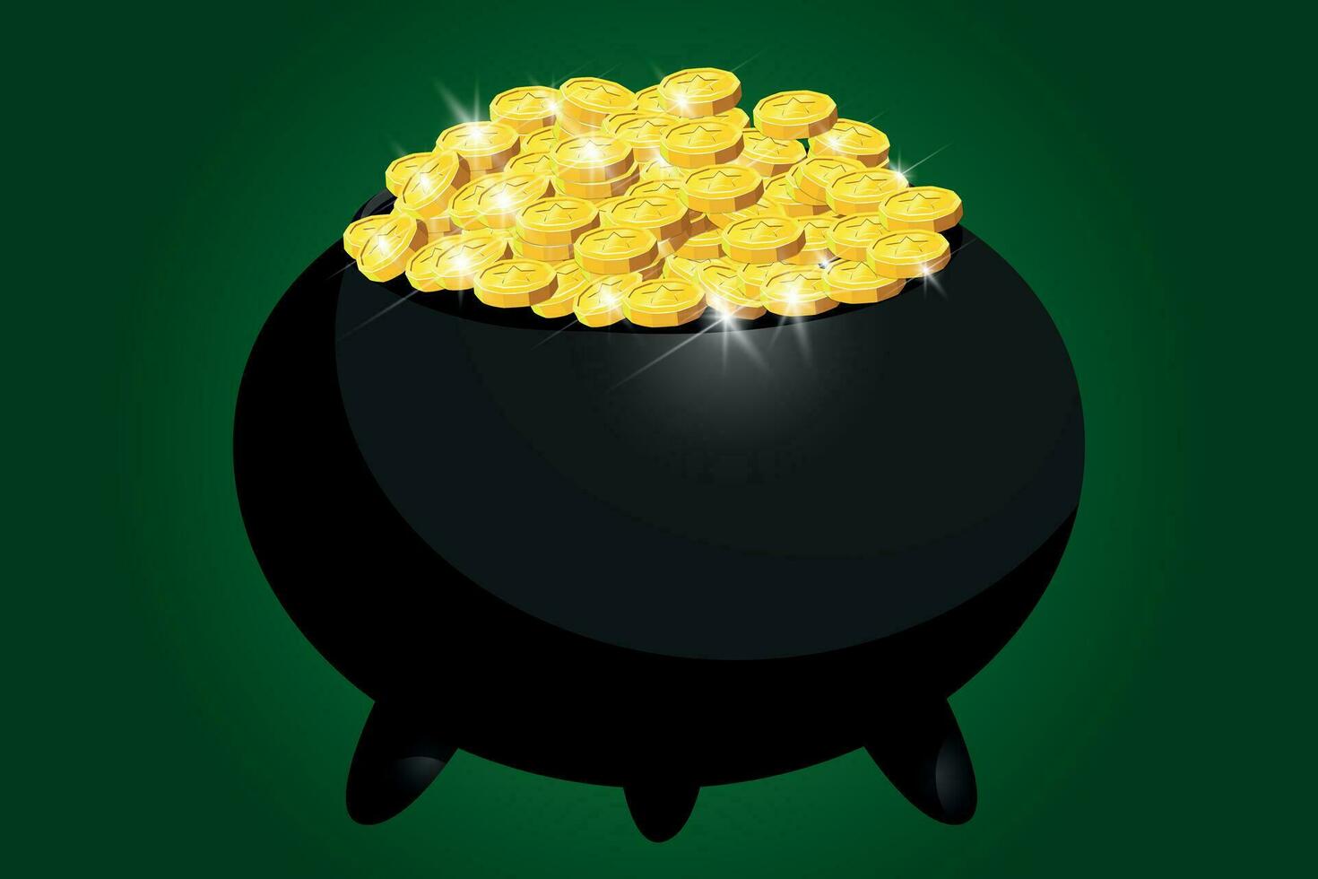 Leprechaun gold. Leprechaun Pot of Gold and Luck, traditional symbol of the Irish holiday of St. Patrick's Day. Vector illustration isolated on green background.