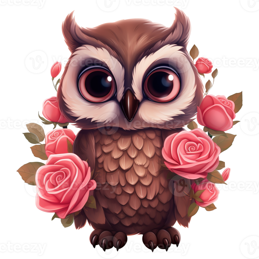 AI generated Cute owl with pink roses. AI generated image png