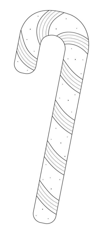 Winter candy cane with stripes and dotes, vector black line monochrome illustration