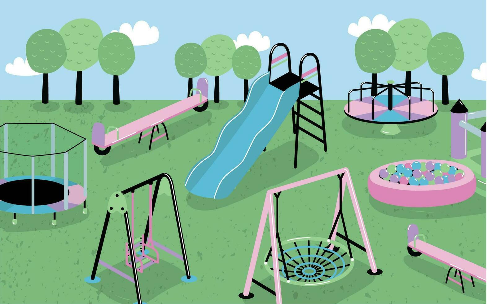 Children playground. Different children s outdoor equipment- trampoline, bouncy castle, hill, carousel, sandbox, slide, balance. Colorful vector illustration collection.