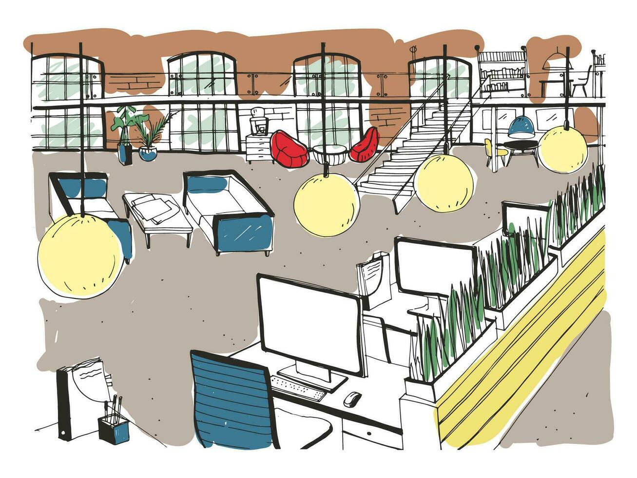 Hand drawn coworking cluster. Modern office interior, open space. workspace with computers, laptops, lighting and place for rest. Colorful horizontal vector sketch illustration.