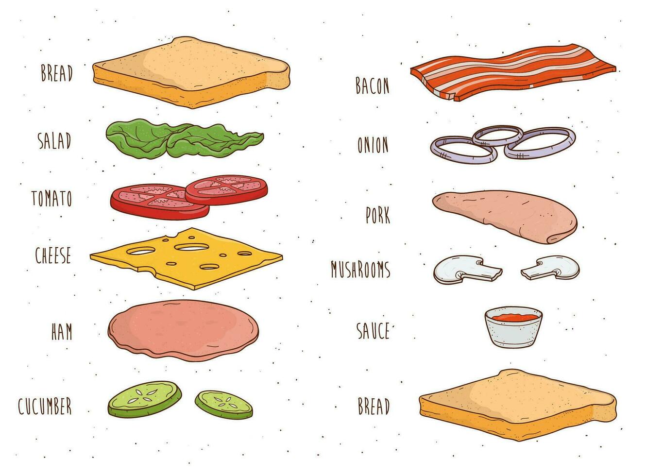 Sandwich ingredients separately. Bread, salad, tomato, cheese, sauce, mushrooms, bacon, onion. Colorful hand drawn vector illustration.