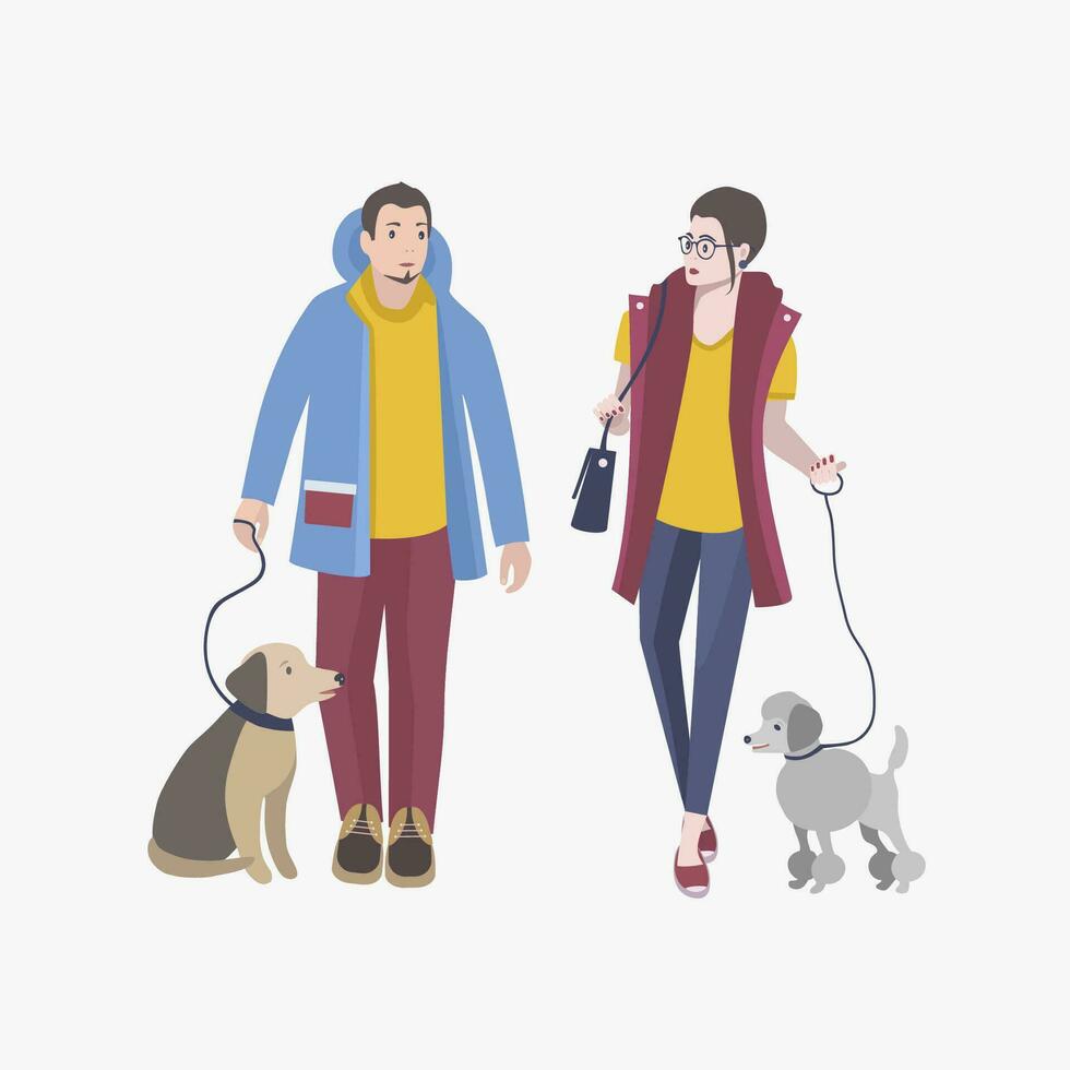 joven chico y niña caminando con perros, vistoso plano vector ilustración.