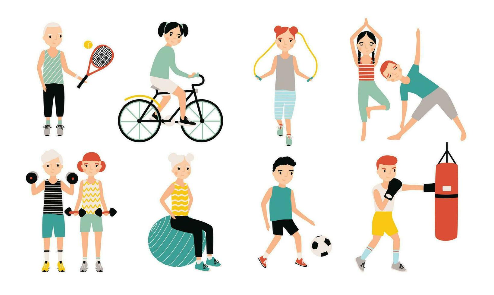 Kids sports activity collection. Exercising children set. Weightlifting, boxing, jumping rope, tennis, football, yoga, cycling training. Colorful vector illustration.