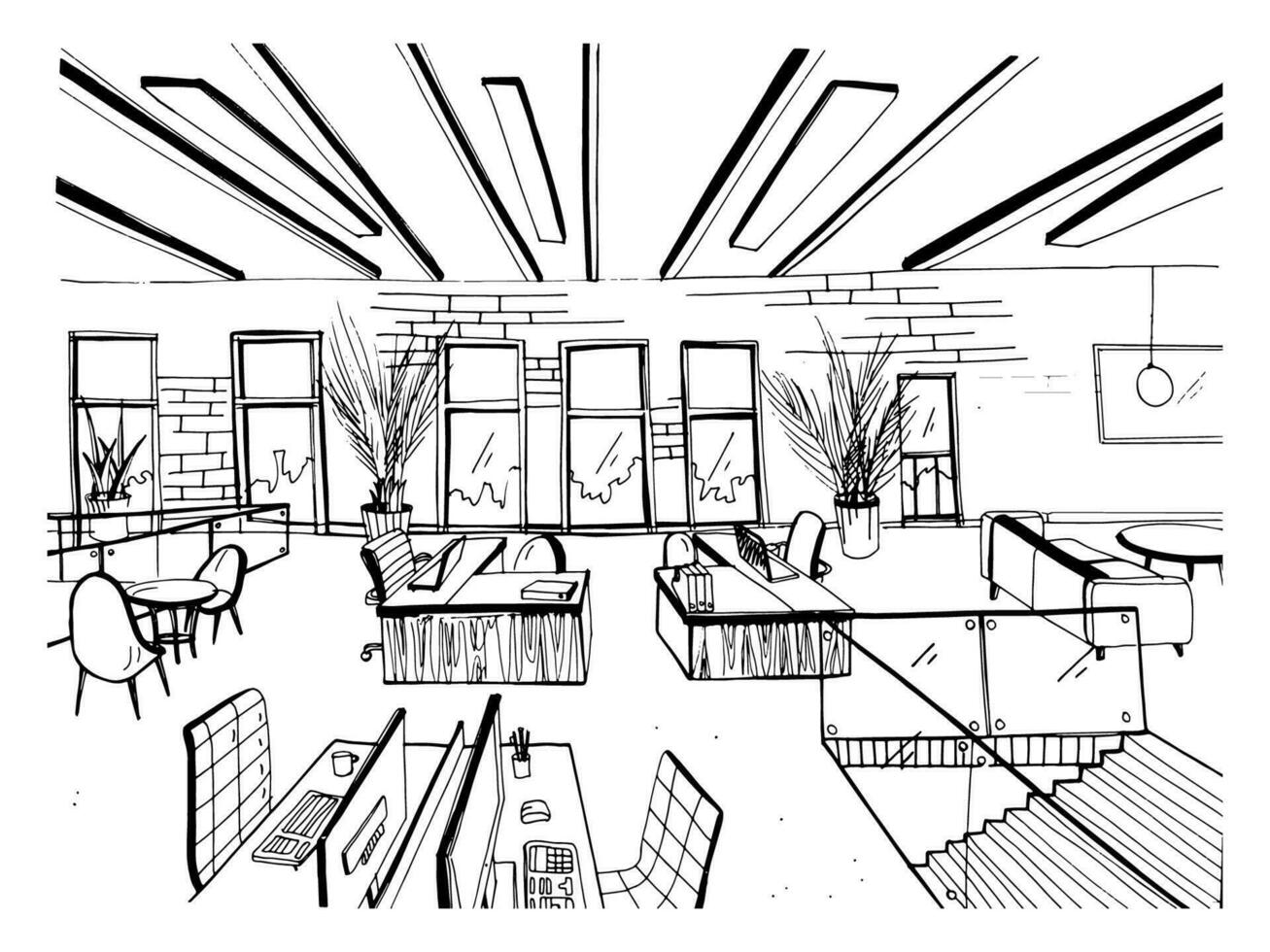 Hand drawn coworking cluster. Modern office interiors, open space. workspace with computers, laptops, lighting and place for rest. Black and white horizontal vector sketch illustration.