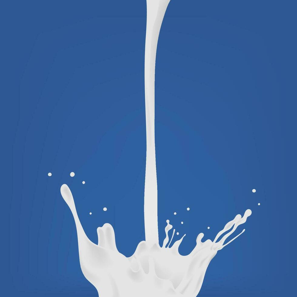 Pouring milk. White flow and splash. Colorful realistic vector illustration on blue background.
