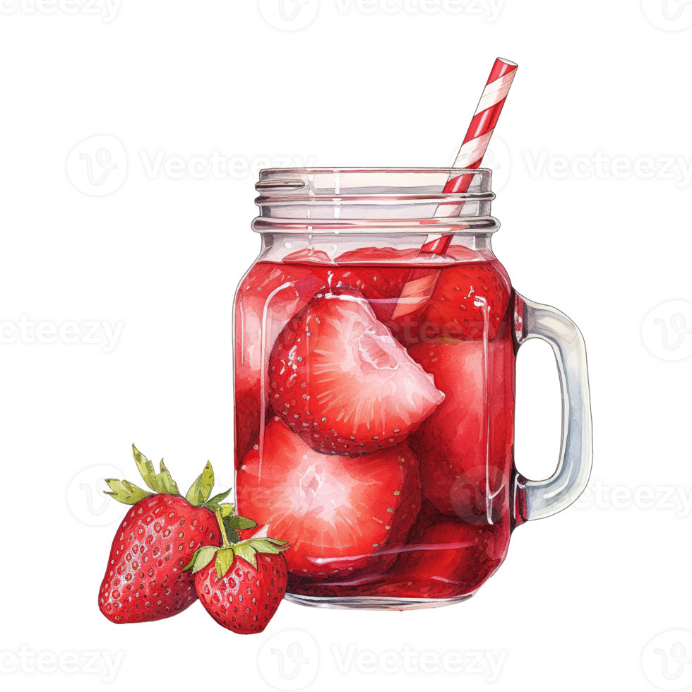 AI generated Jar of strawberries with a straw. AI generated image png