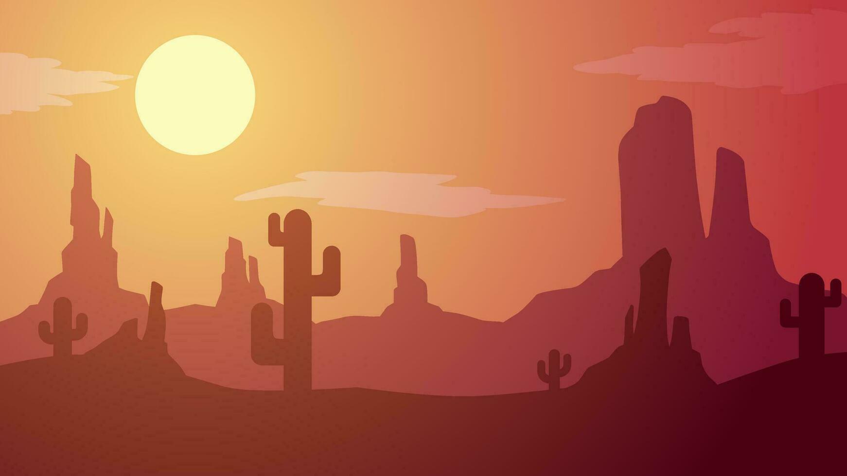 Desert landscape vector illustration. Canyon desert silhouette landscape with sunset sky. Wild west desert landscape for illustration, background or wallpaper. American desert vector illustration