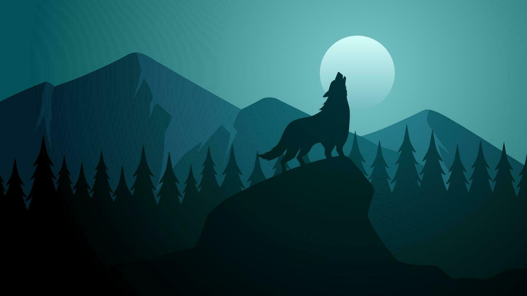 fauna silvestre lobo paisaje vector ilustración. silueta de lobo clamoroso a lleno Luna noche. fauna silvestre lobo paisaje para ilustración, antecedentes o fondo de pantalla