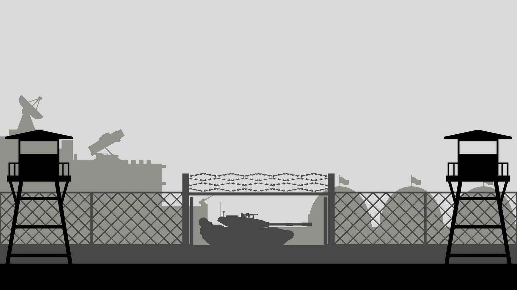 Military base landscape vector illustration. Silhouette of military base gate with tank and watchtower. Military landscape for background, wallpaper or illustration. Army training field illustration