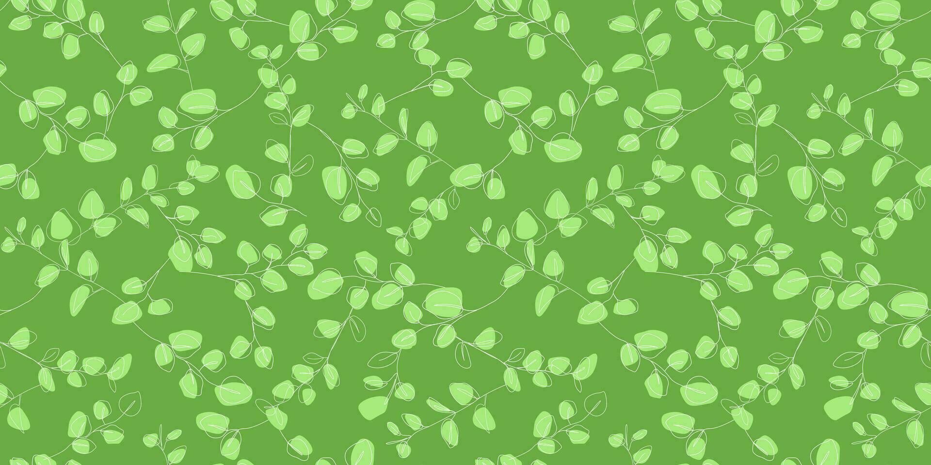 Seamless pattern with branches and leaves in linear style. Print with spring greenery. Vector graphics.