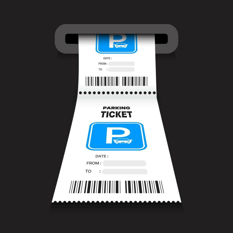 Realistic parking ticket vector. Cars parking tickets. Carpark receipt template. White paper receipt from ticket machine slot. Entrance and exit ticket. Parking zone sign illustration vector