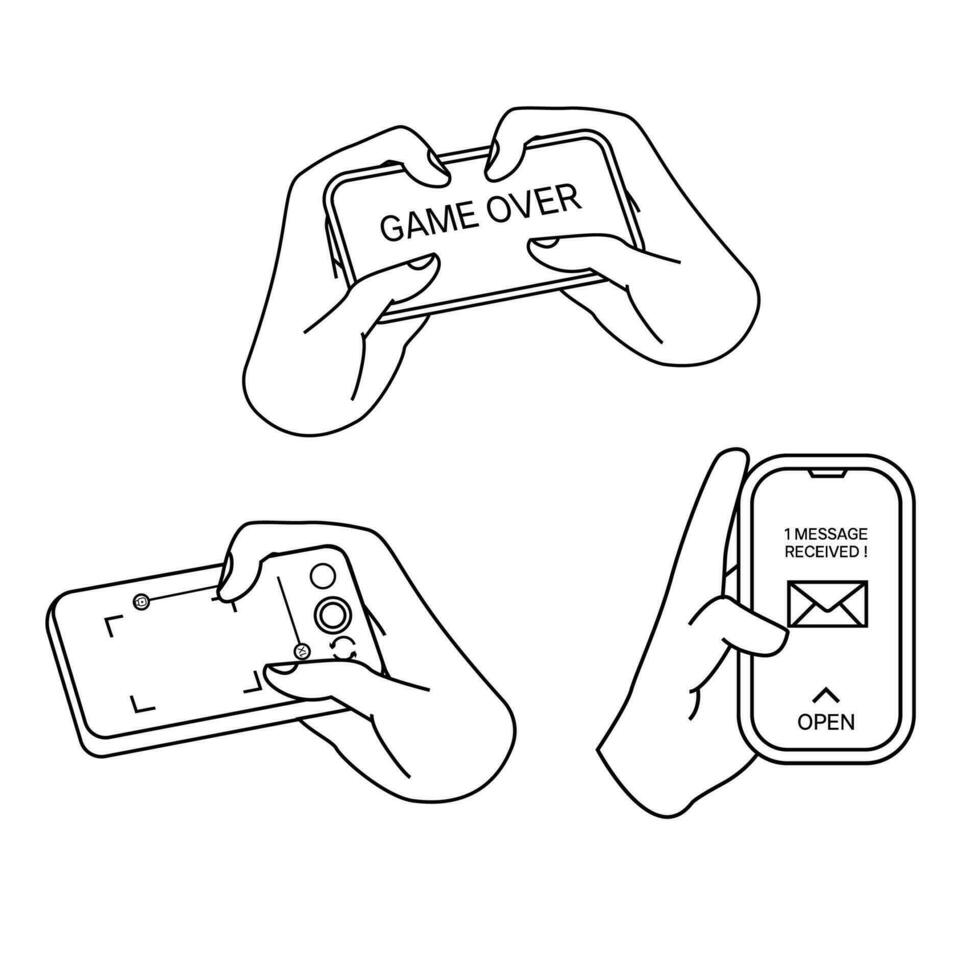 Smartphone use activities collections. Smartphone line art icon. Play games, take photos, send messages. Smartphone illustration vector