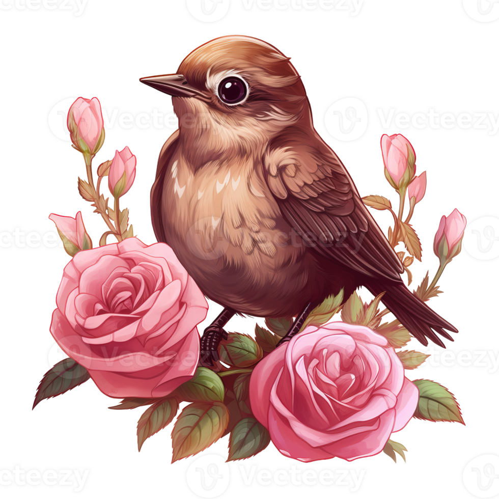 AI generated Bird sitting on a branch of a rose bush. AI generated image png