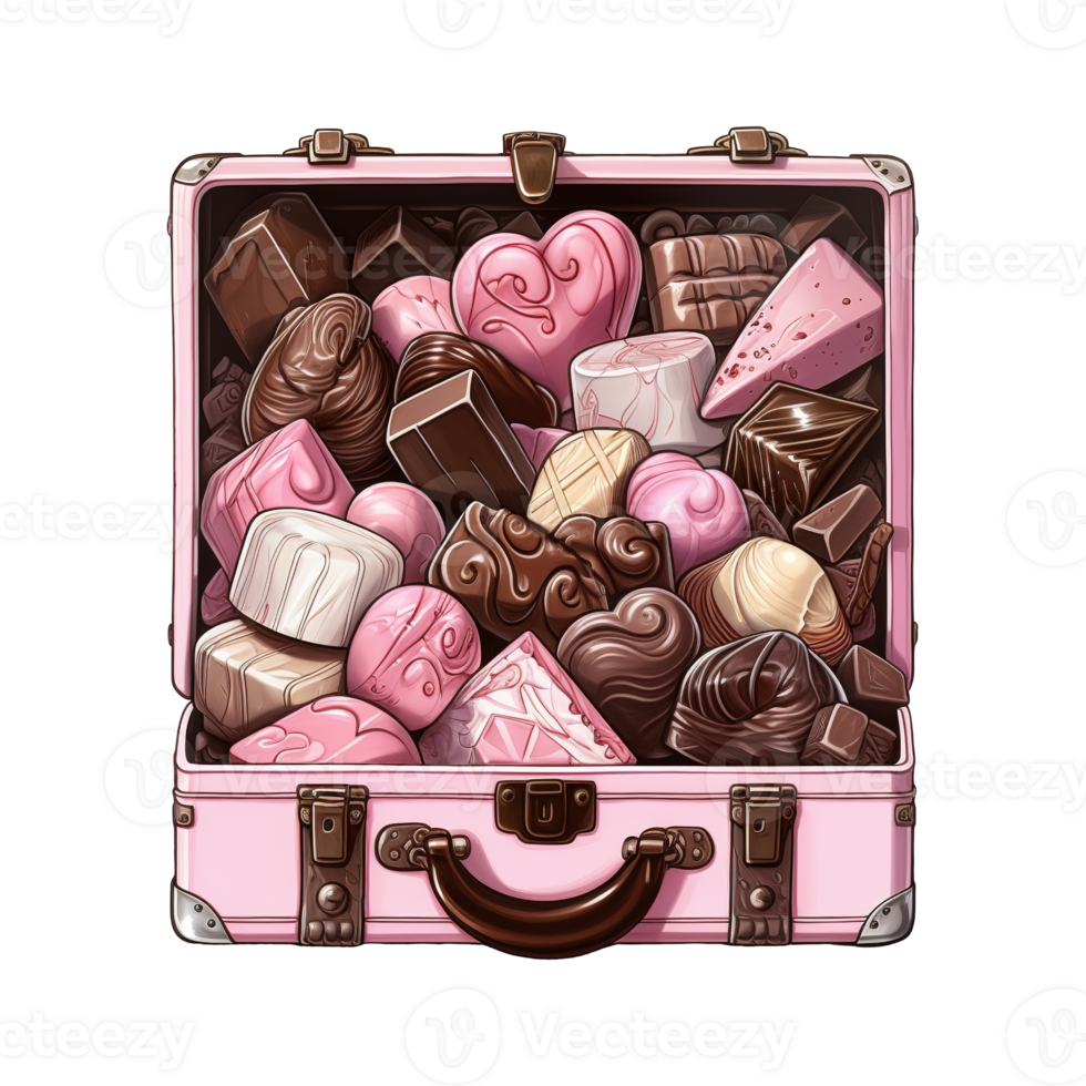 ai gegenereerd roze koffer gevulde met chocolaatjes en snoepjes. ai gegenereerd beeld png