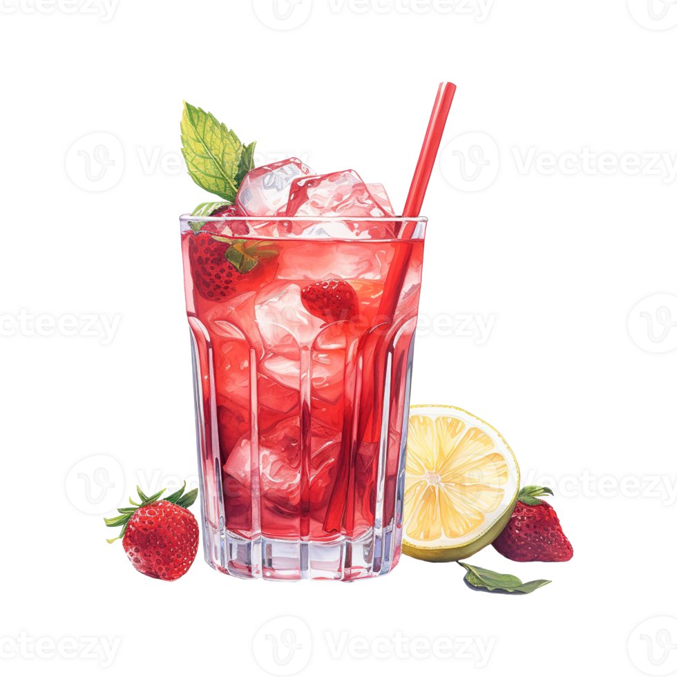 AI generated Glass of red liquid with a straw and a strawberries. AI generated image png