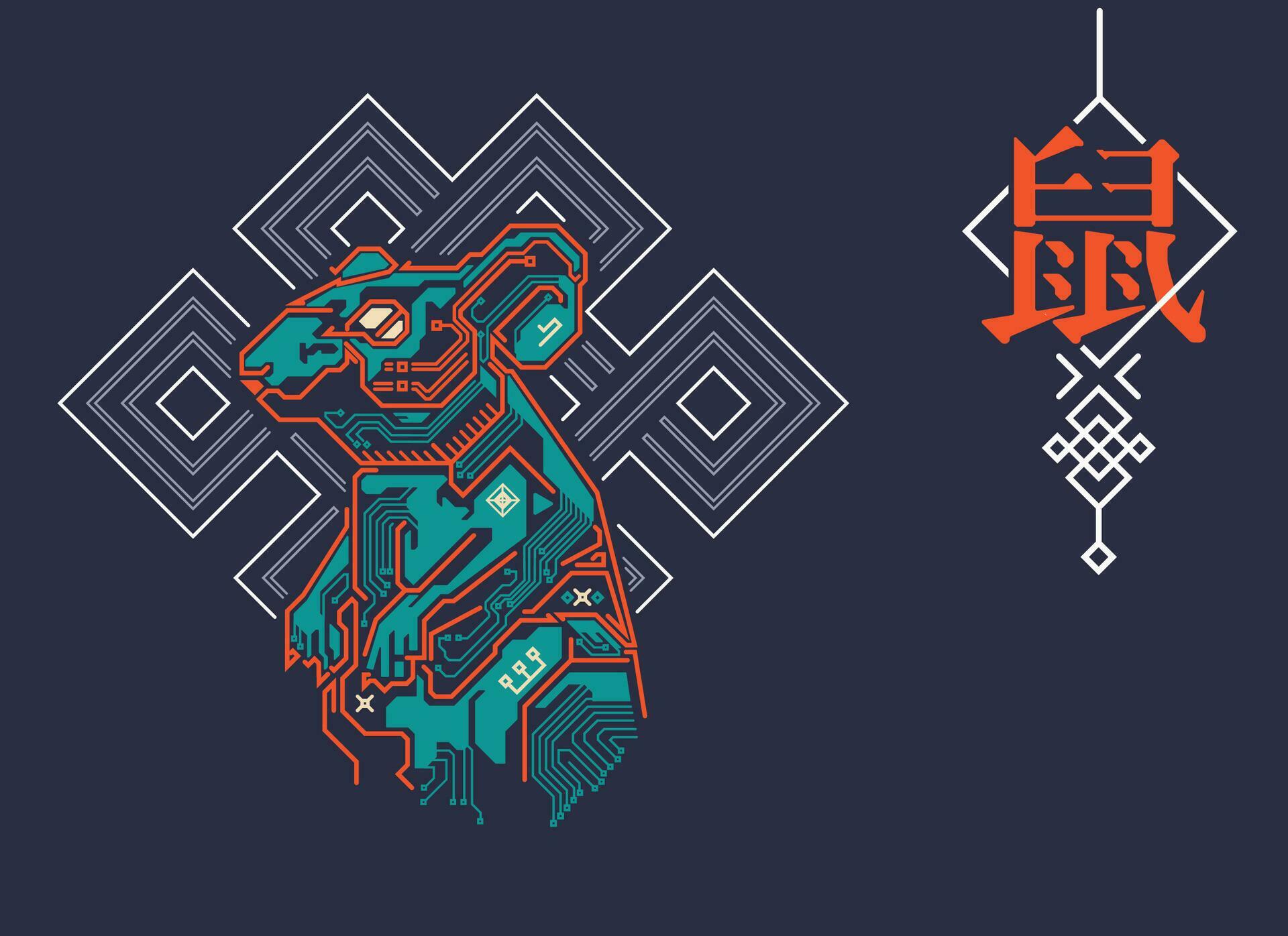 Chinese zodiac sign of rat, Graphic of colorful futuristic rat with