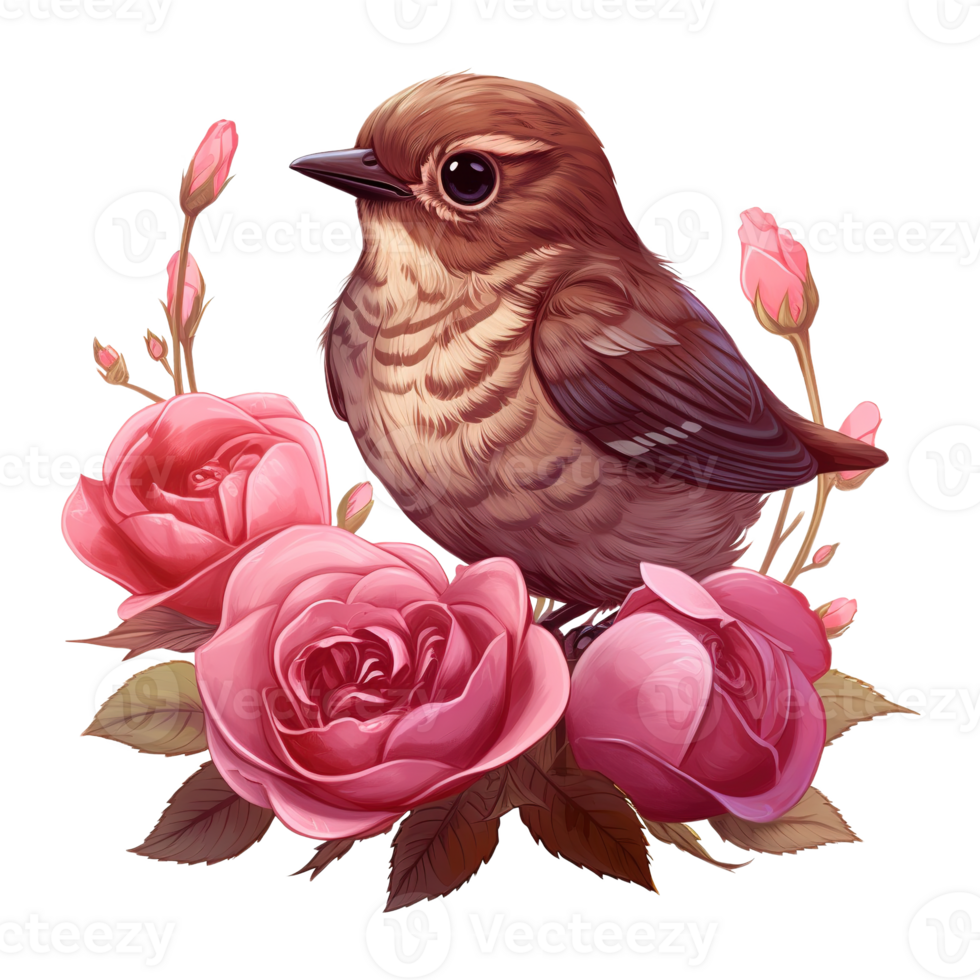 AI generated Bird sitting on a branch of a rose bush. AI generated image png