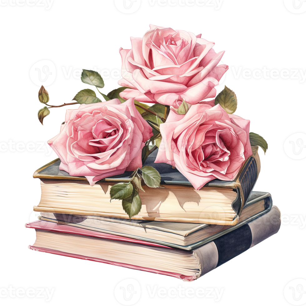 AI generated Pink roses on top of a stack of books. AI generated image png