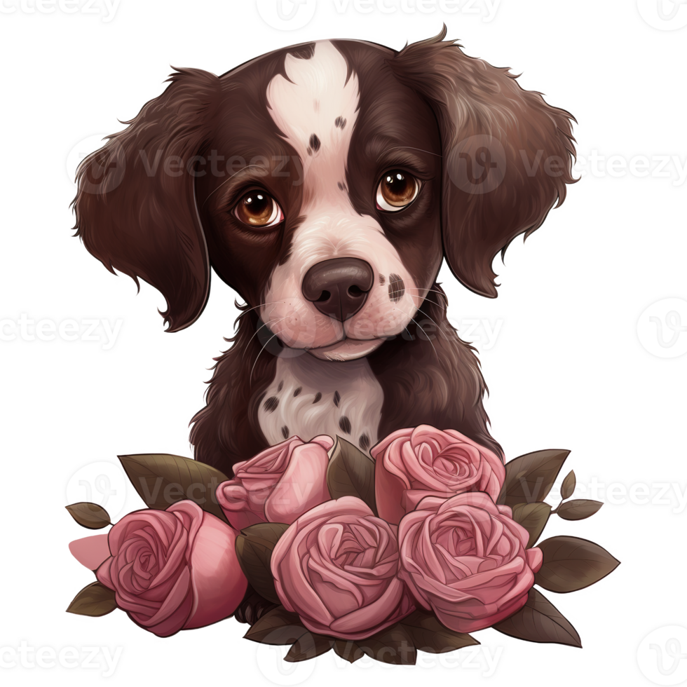 AI generated Puppy with pink rose. AI generated image png