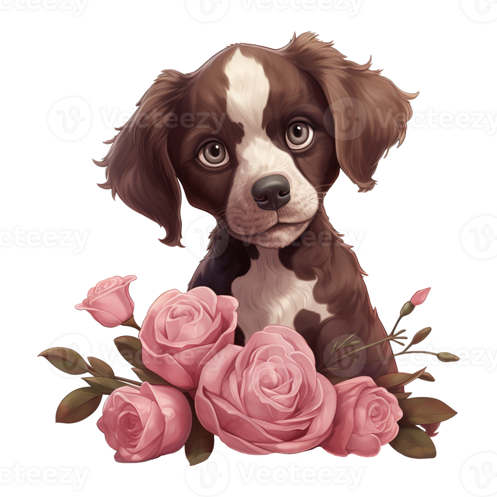 AI generated Puppy with pink rose. AI generated image png