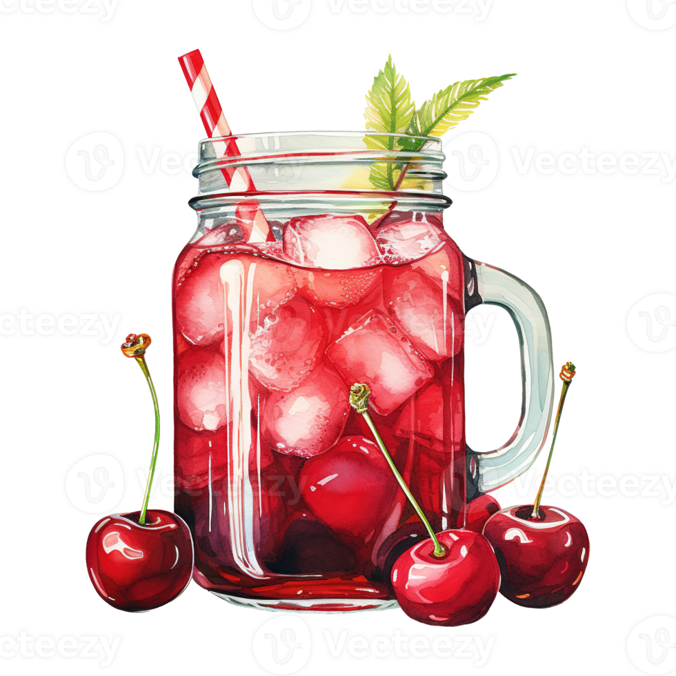 AI generated Jar of cherries with ice and a straw. AI generated image png