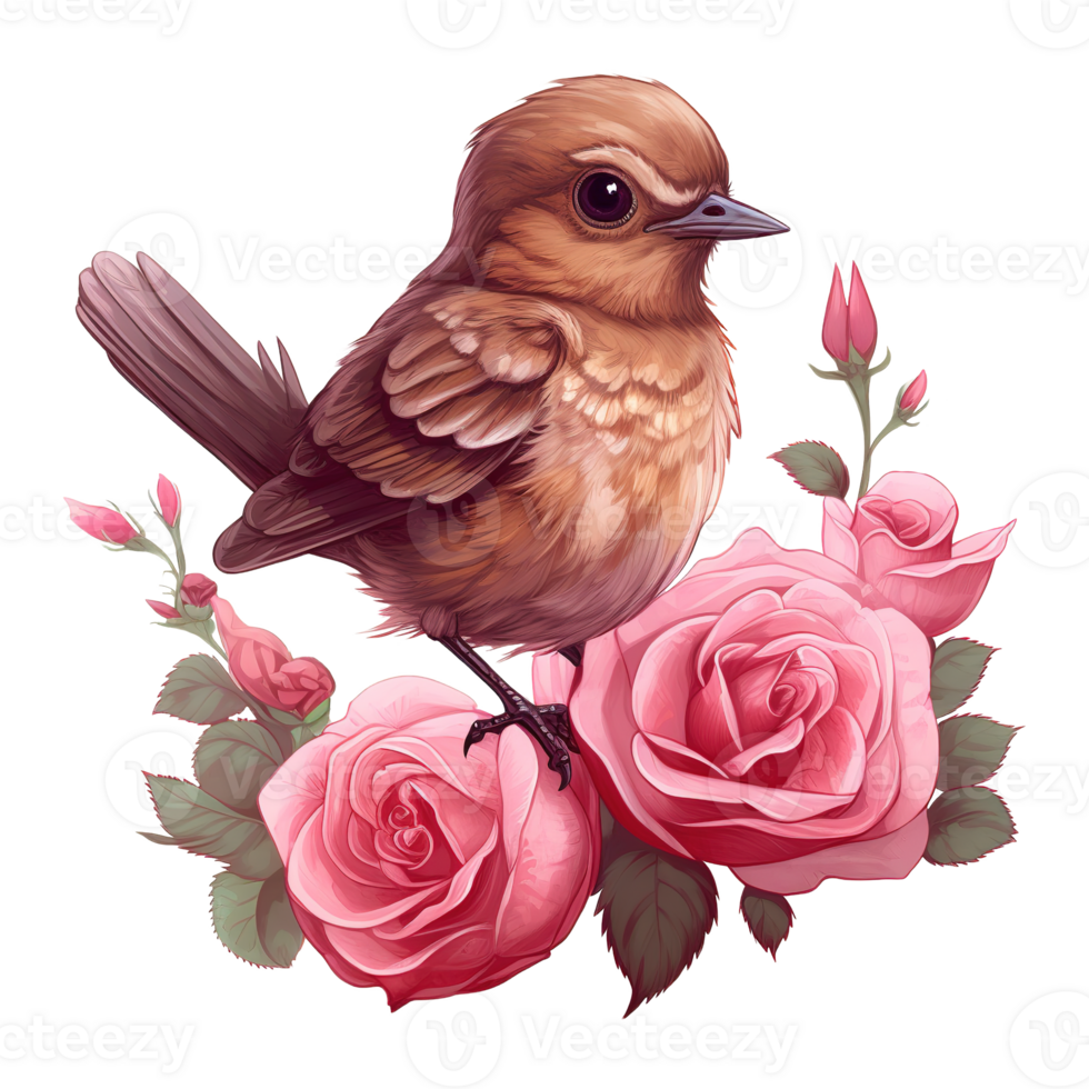 AI generated Bird sitting on a branch of a rose bush. AI generated image png