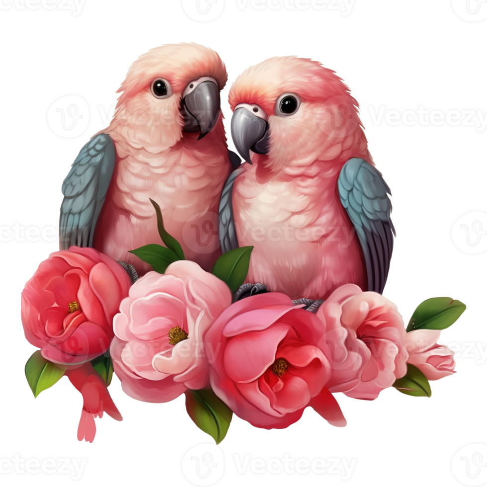 AI generated Two birds parakeet with roses. AI generated image png
