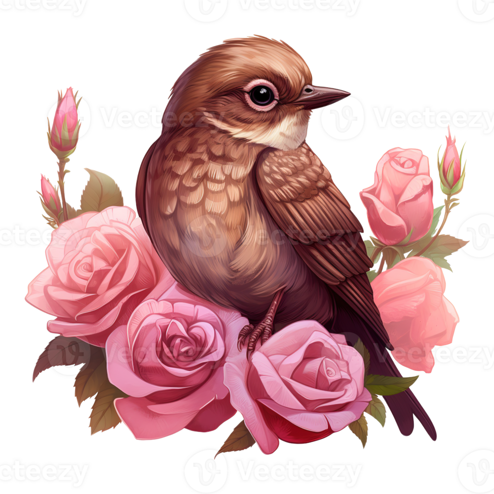 AI generated Bird sitting on a branch of a rose bush. AI generated image png