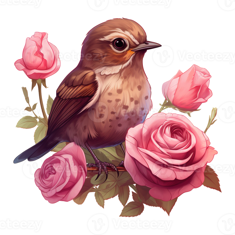 AI generated Bird sitting on a branch of a rose bush. AI generated image png
