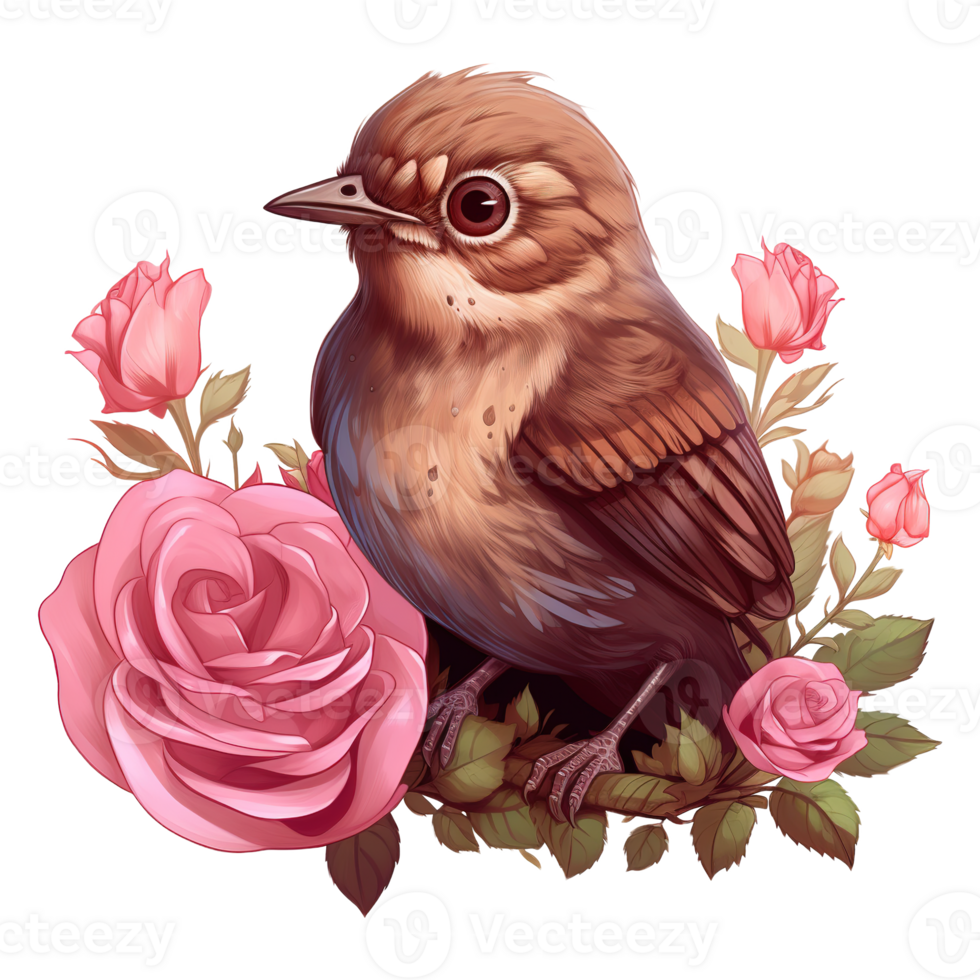 AI generated Bird sitting on a branch of a rose bush. AI generated image png