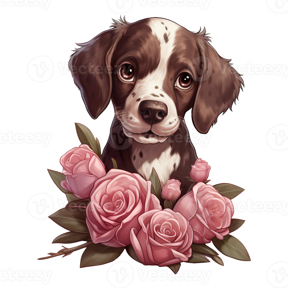 AI generated Puppy with pink rose. AI generated image png