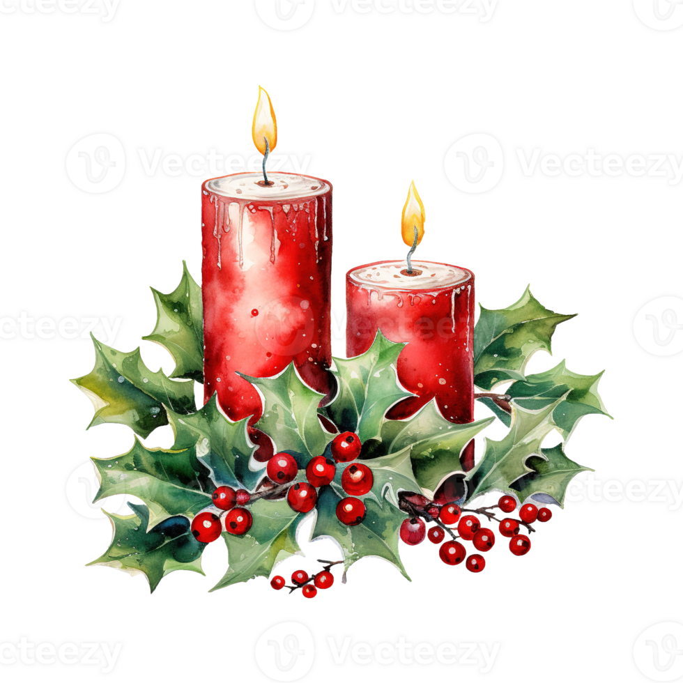 AI generated two red candles with holly leaves and red berries. AI generated image png
